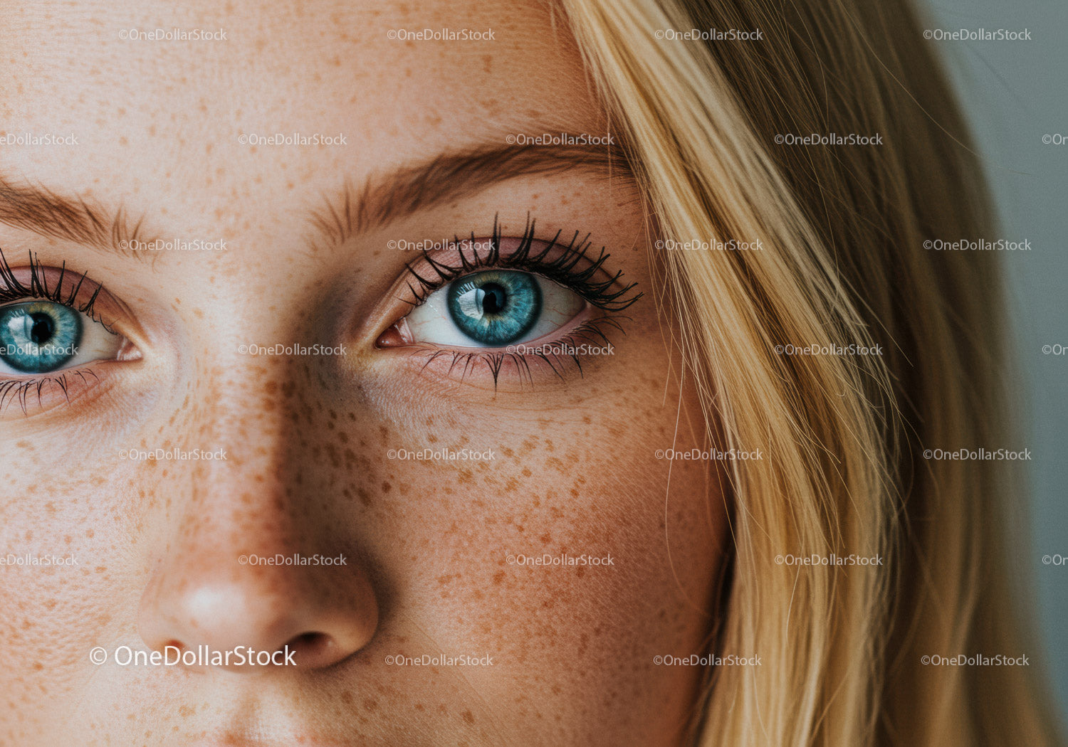 Close-up of blue eyes and freckled skin on blonde woman