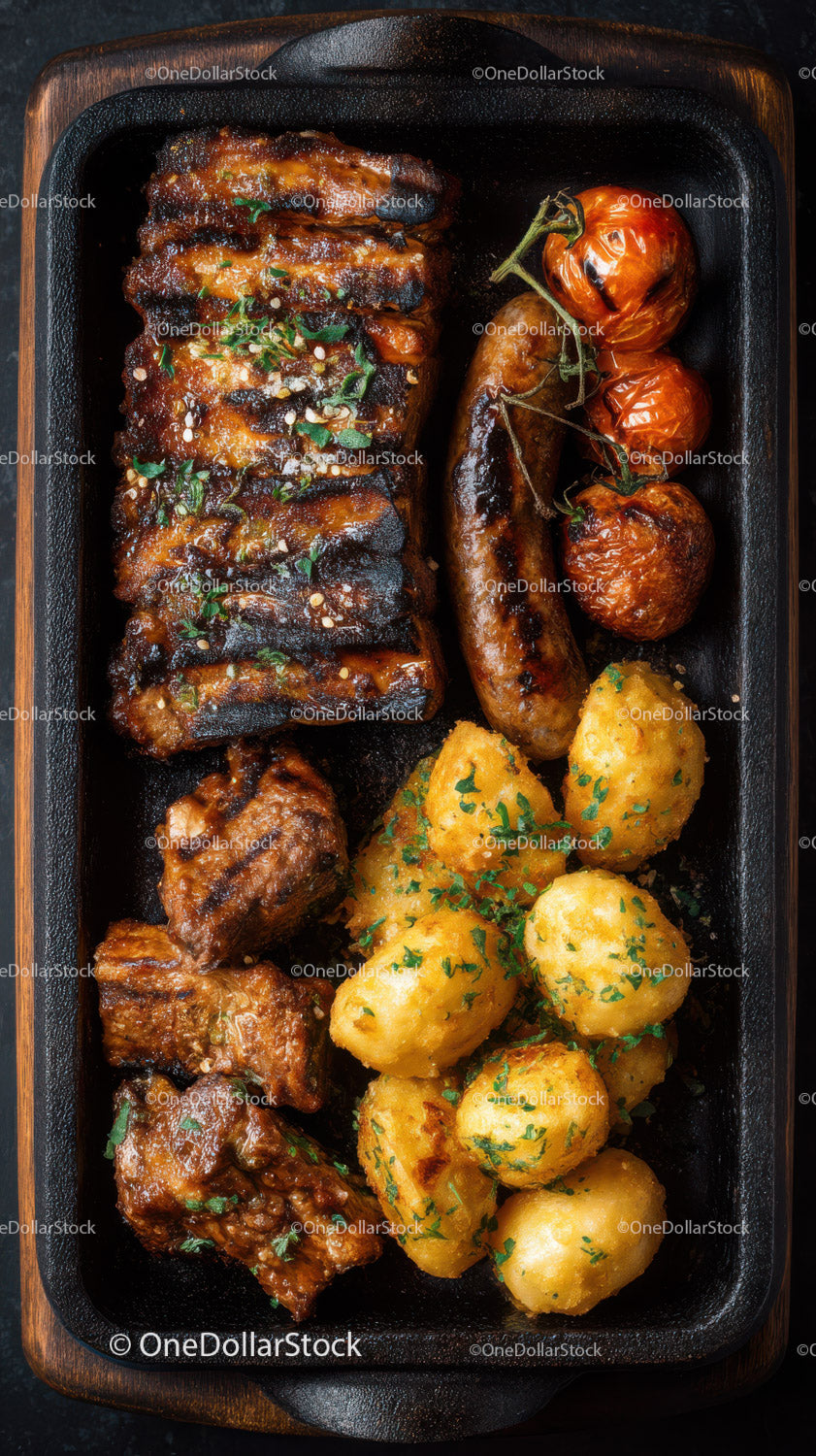 Grilled Ribs and Sausage with Tomatoes and Potato Wedges