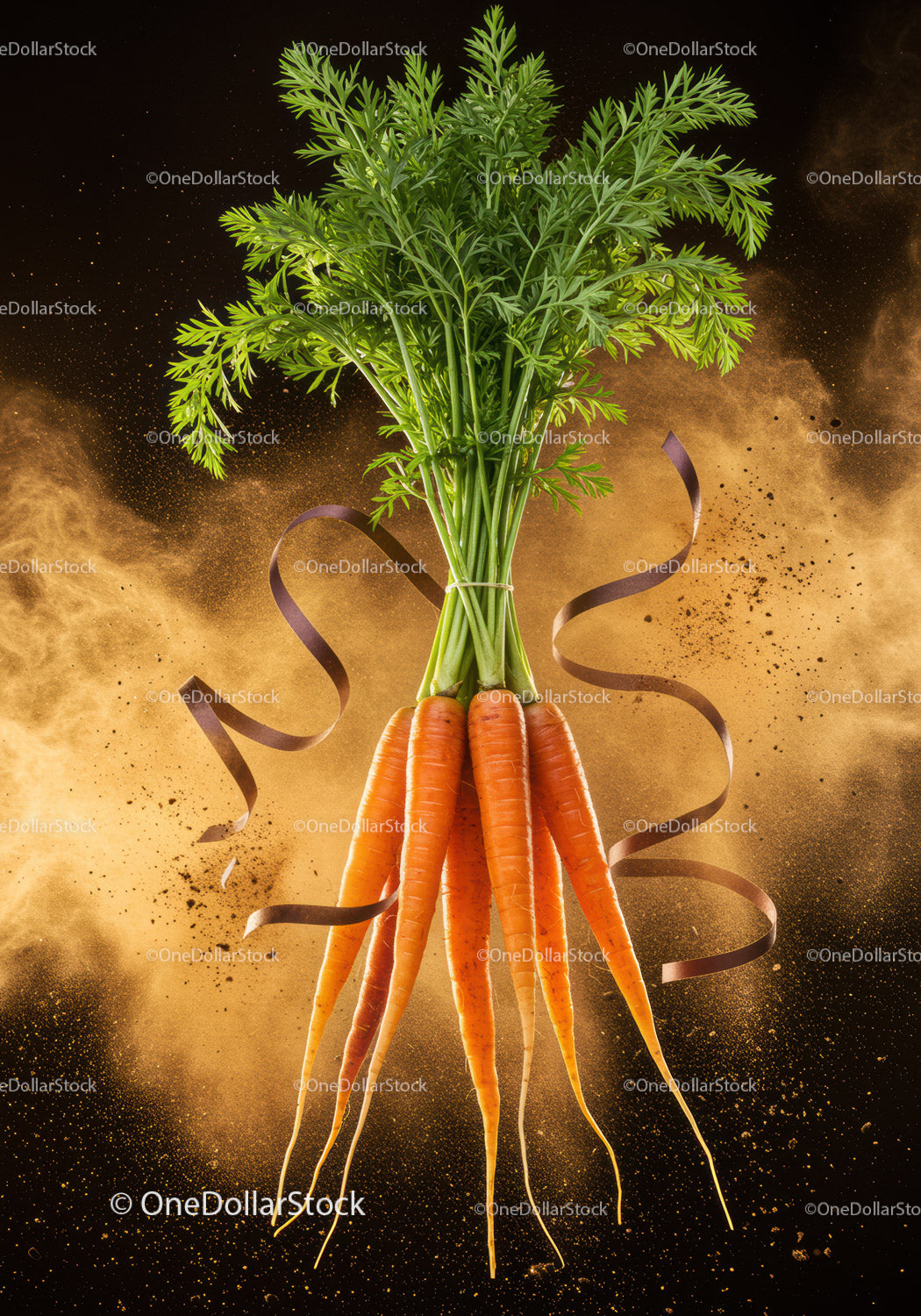Fresh organic carrots with lush green tops on dark background