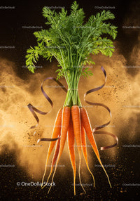 Fresh organic carrots with lush green tops on dark background