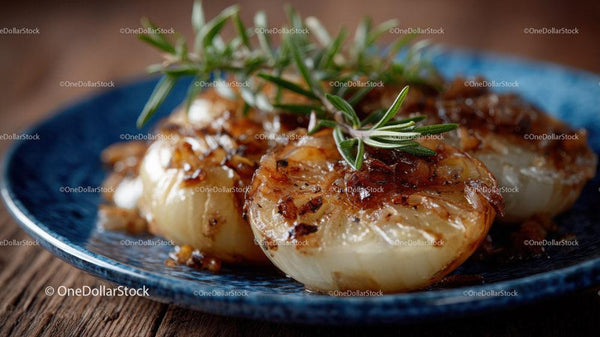 Grillowane cebule z czosnkiem i rozmarynem na rustykalnym drewnianym stole