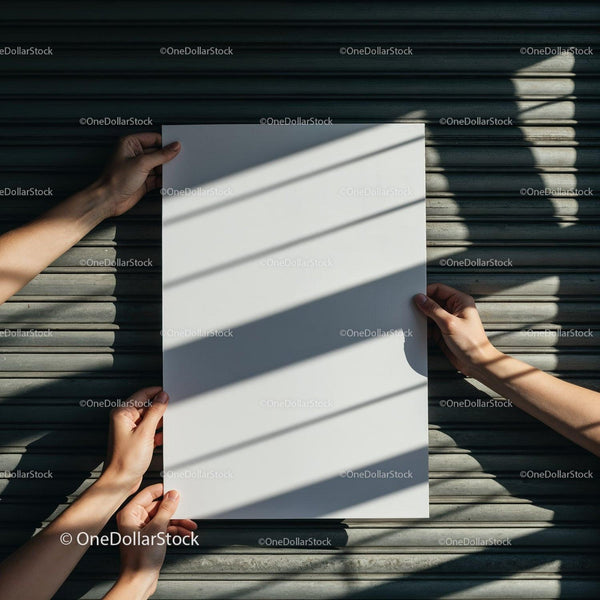 Hands Holding Blank Poster With Shadow Patterns JPG Mockup Image