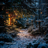 Snowy forest path lit by warm cabin lights