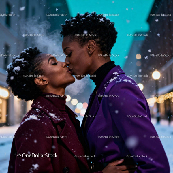 Couple Sharing a Tender Kiss on Snowy Winter Evening