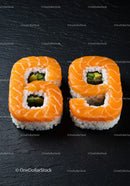 Salmon Sushi Rolls Shaped as Number Sixty Nine