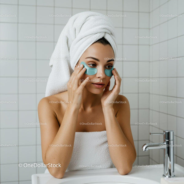 Woman applying under eye patches during self care routine