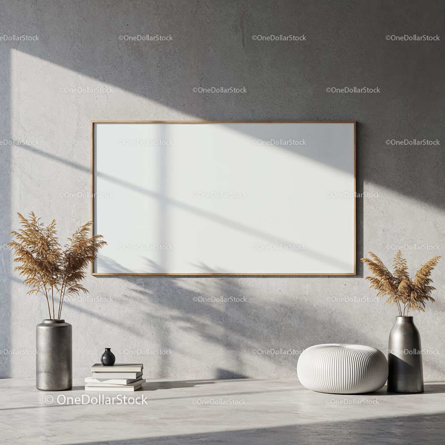 Minimalist interior with blank frame and decorative vases