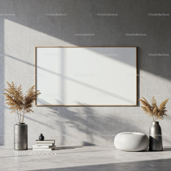 Minimalist interior with blank frame and decorative vases JPG Mockup Image