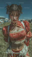 Stylish Young Woman in Traditional Red Dress with Bold Expression Outdoor