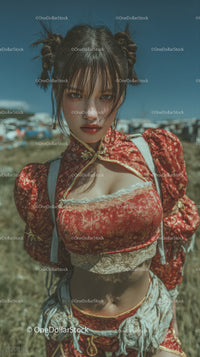Stylish Young Woman in Traditional Red Dress with Bold Expression Outdoor