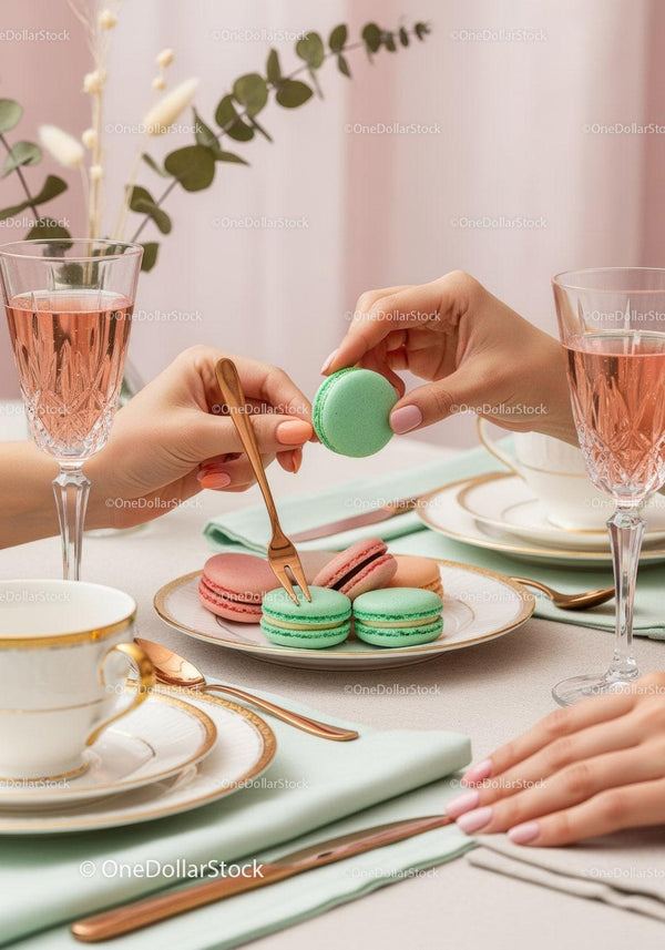 Elegant Pink and Green Macarons on a Stylish Tea Party Table
