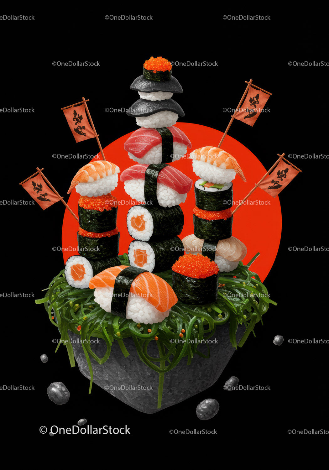 Creative sushi tower with roe and shrimp on seaweed bed