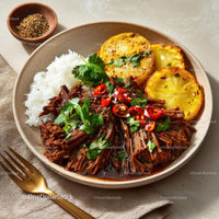 Savory Asian Dish with Rice, Vegetables, and Grilled Plantains