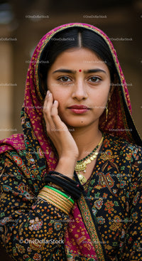 Portrait of Young Indian Woman in Traditional Saree with Jewelry