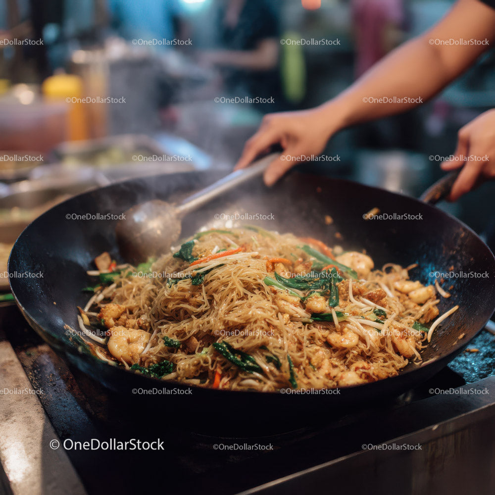 Stir-Fried Noodles with Vegetables in a Professional Street Food Setting