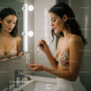 Young Woman Applying Perfume in Modern Bathroom with Mirror
