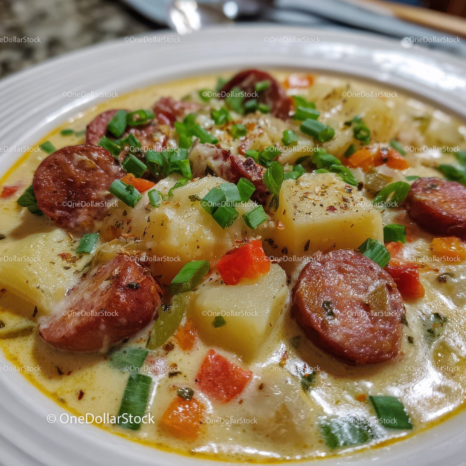 Creamy Potato and Sausage Stew with Green Onions in Rustic Style