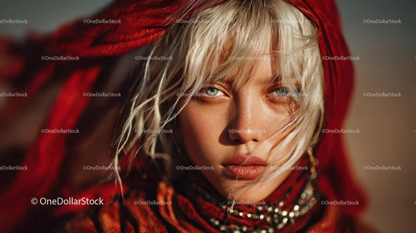 Vibrant Portrait of a Blonde Woman with Red Scarf in Outdoor Setting