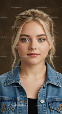 Young woman with blue eyes wearing denim jacket