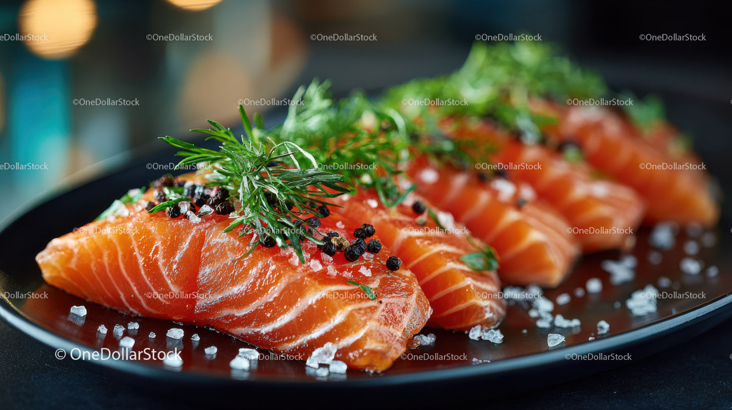 Fresh Salmon Slices with Herbs and Salt on Dark Plate