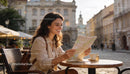 Young woman enjoying city café while reading map