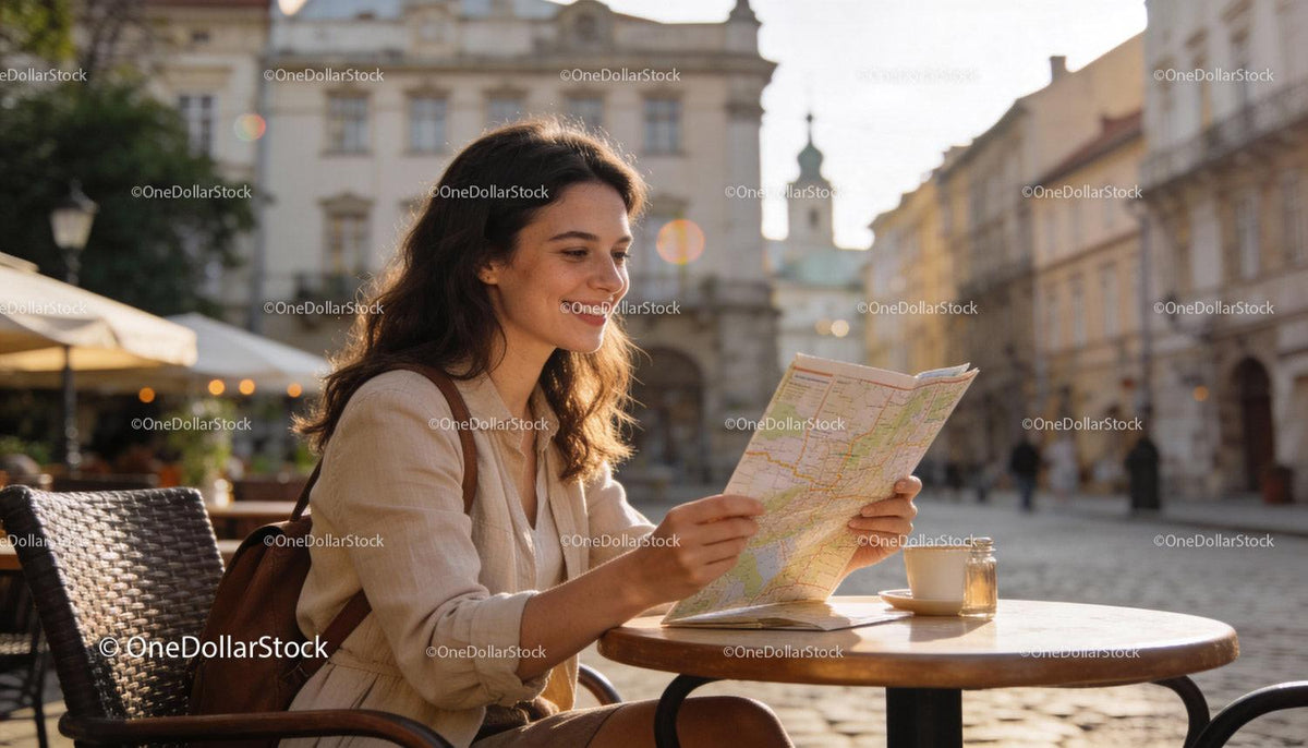 Young woman enjoying city café while reading map