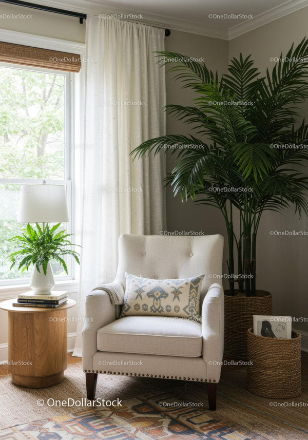 Cozy Living Room with Armchair and Houseplant for Calm Atmosphere