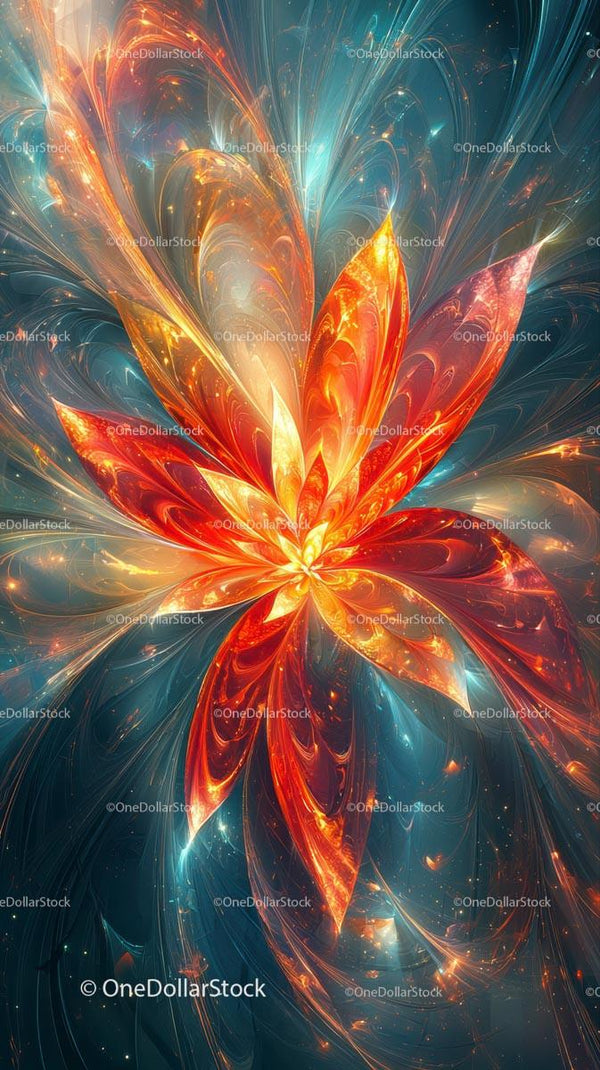 Abstract Digital Art of Glowing Fire Flower with Energy Swirls