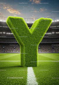 Grass covered letter Y on soccer field with stadium crowd