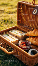 Fresh Picnic Basket with Sandwiches Croissants and Jam