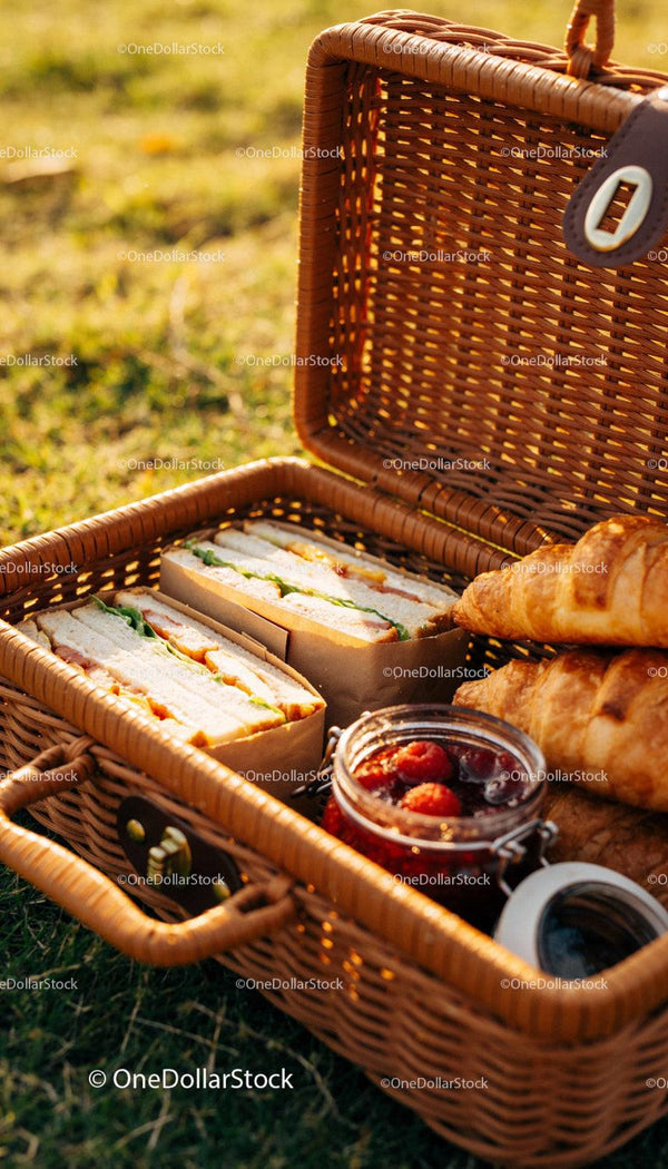 Fresh Picnic Basket with Sandwiches Croissants and Jam