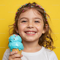 Happy girl enjoying colorful ice cream cone on yellow