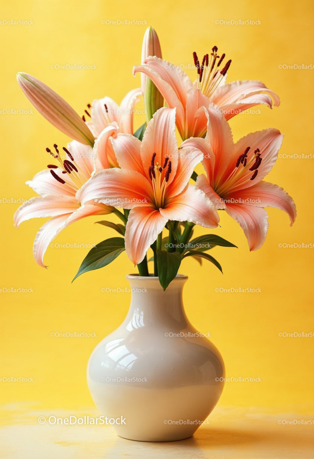 Pink Lily Bouquet in Elegant White Vase with Bright Yellow Background (12 Images)