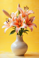 Pink Lily Bouquet in Elegant White Vase with Bright Yellow Background