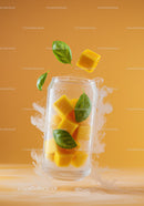 Refreshing mango cubes with fresh basil leaves in glass