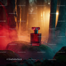 Luxury Red Perfume Bottle in Mystical Forest Scene