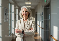 Elegant Senior Businesswoman Standing Confident in Office Hallway