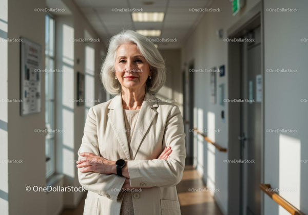 Elegancka starsza bizneswoman stojąca pewnie na korytarzu biurowym