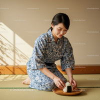 Woman in Traditional Yukata Serving Japanese Rice Ball