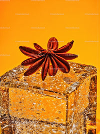 Star Anise on Textured Ice Cube with Orange Background