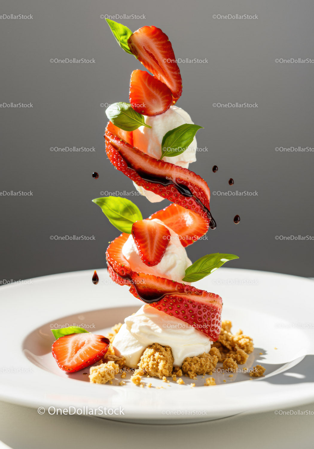 Fresh strawberries and cream dessert with basil leaves
