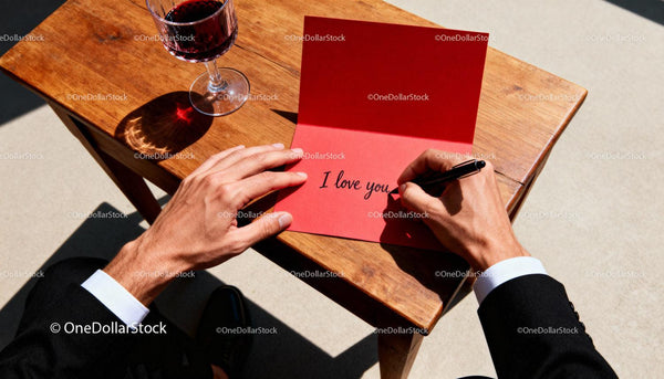 Man writing heartfelt love note with wine on wooden table