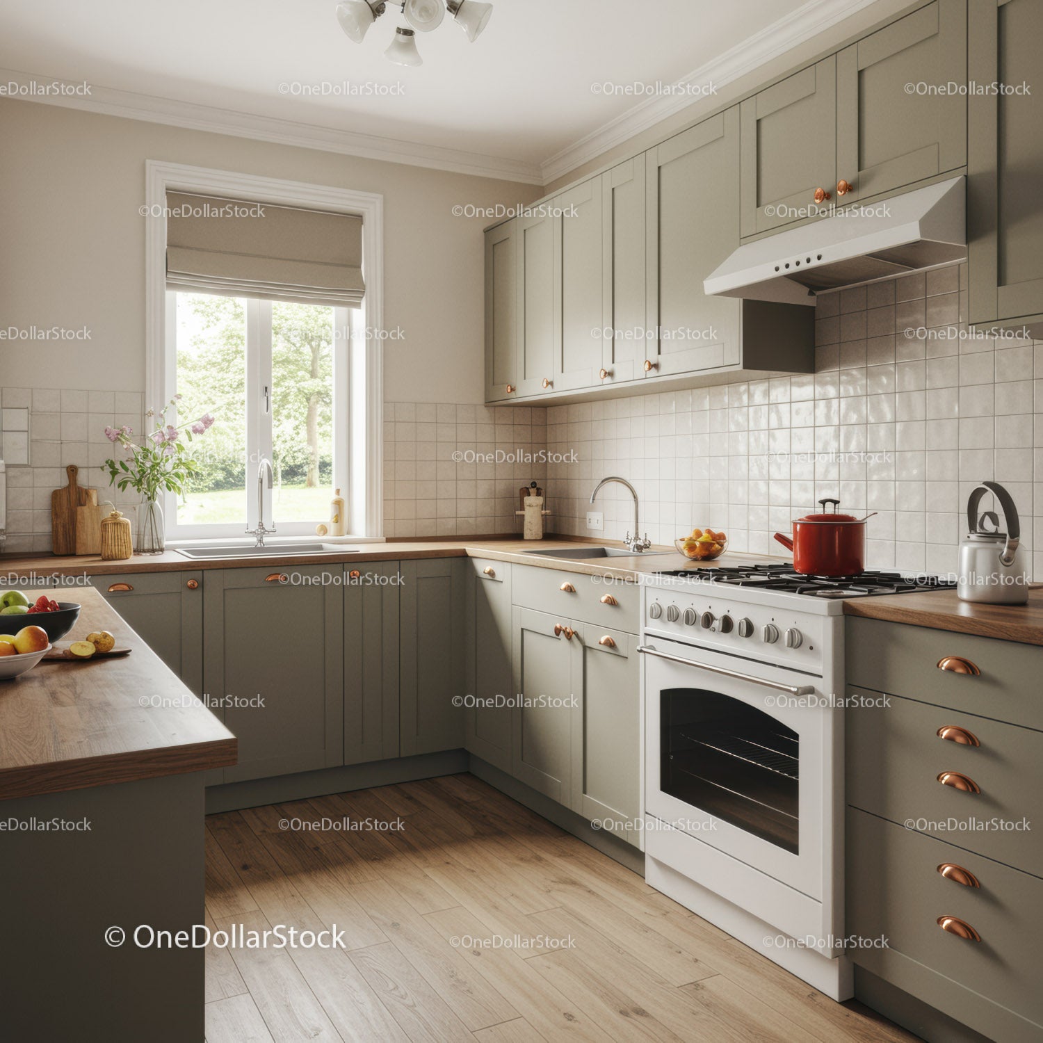 Modern Kitchen with Beige Cabinets and Wooden Countertop