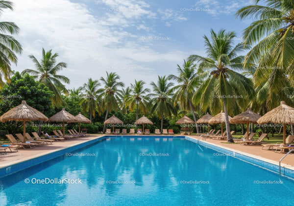 Tropical Poolside Scene with Palm Trees and Lounge Chairs