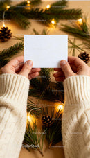 Hands Holding Blank Card with Fir and Pinecone Decoration JPG Mockup Image preview