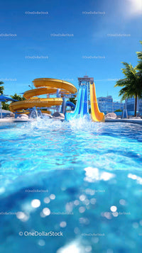 Colorful Water Slides at Modern Outdoor Pool in Urban Environment