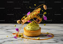 Pistachio tart with caramel and flower petals topping