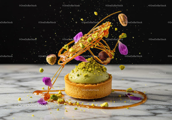 Pistachio tart with caramel and flower petals topping