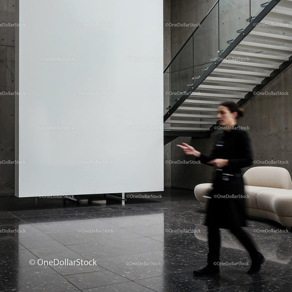Blurred woman walking in modern minimalistic lobby JPG Mockup Image
