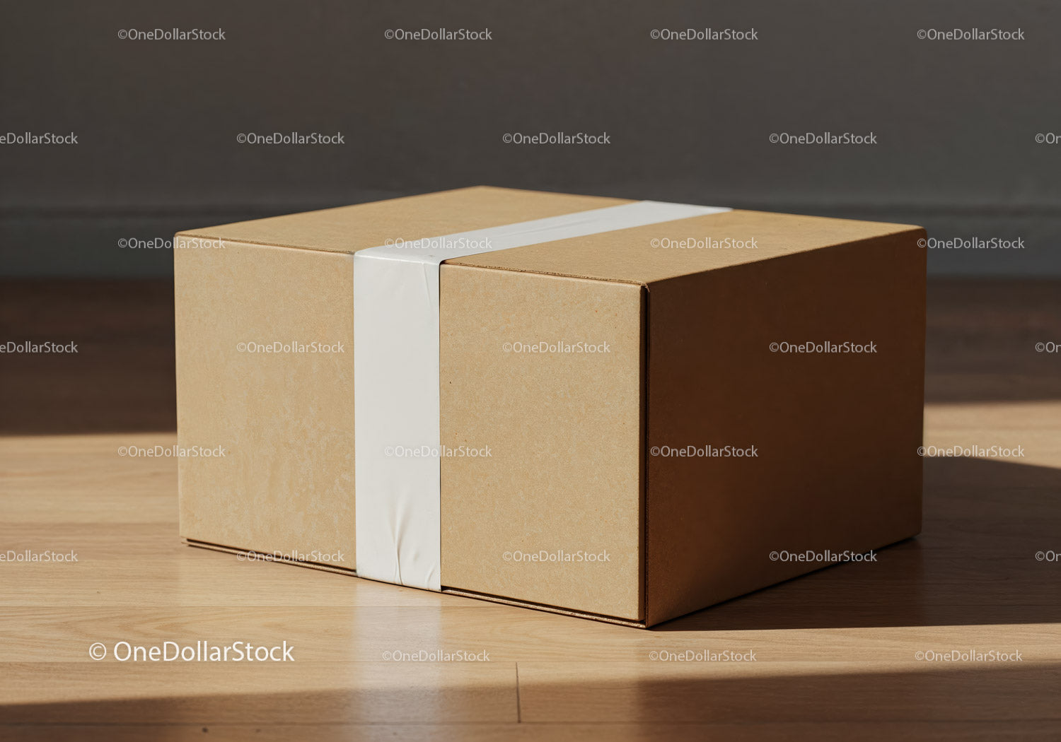 Plain cardboard box sealed with white tape on wooden floor
